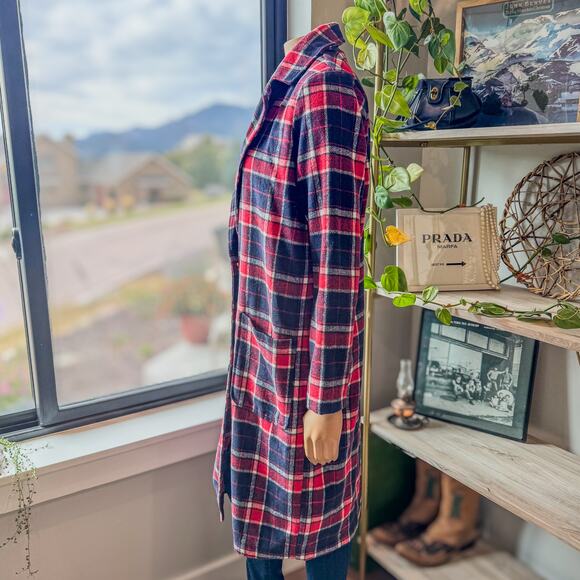 Hem & Thread Red & Navy Plaid Flannel Trench Style Coat Jacket, Women's Small - Picture 3 of 10